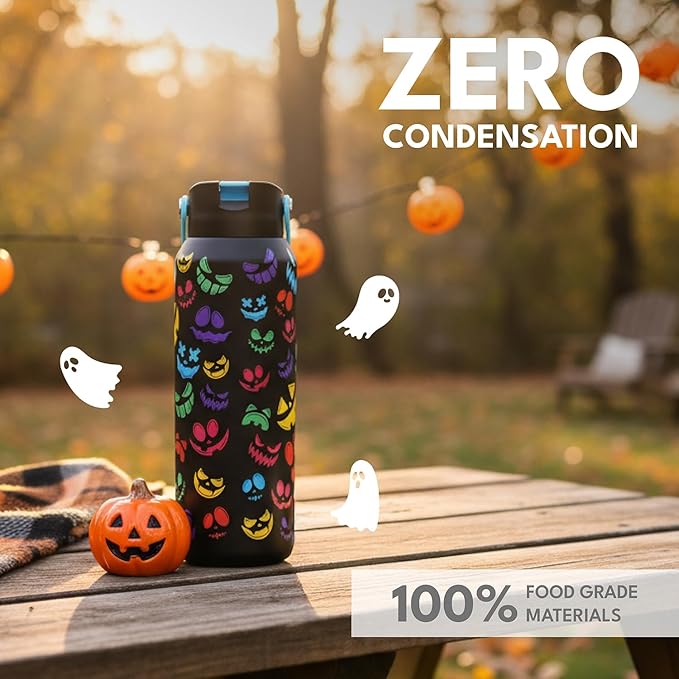 Elemental 40oz Insulated Water Bottle with Straw - 100% Leak-Proof Stainless Steel Core Water Bottles for Travel, Sports and Gym - Double Wall Insulation & BPA Free - Pumpkin Grins