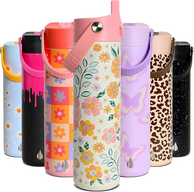 Elemental 24oz Insulated Water Bottle with Straw - 100% Leak-Proof Stainless Steel Core Water Bottles for Travel, Sports and Gym - Double Wall Insulation & BPA Free - Blossom Luxe