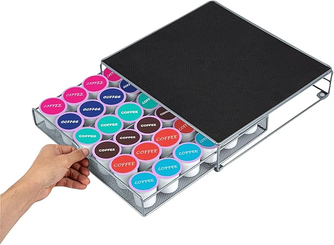 Restaurantware Restpresso 13 x 12.2 x 3 Inch Coffee Capsule Drawer 1 Heavy-Duty Pod Drawer - Holds 36 K-Cups Grip Top Iron Espresso Pod Organizer Mesh Tray Pods Not Included