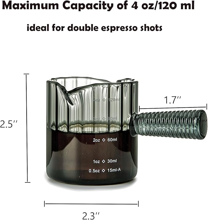 Espresso Cups Set of 2, 4 OZ Glass Double Spouts Cups, Shot Glasses, Milk Cup with Glass Handle for Dishwasher Safe, Espresso Accessories for Machine, Demitasse Cups, Small (Gray)