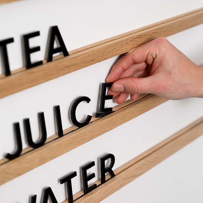 Inko Horeca Wooden Wall Letter Board - Set of 10 Oak Rails + 400 Changeable Black Letters - Floating Wall Menu Display Shelf for Cafe, Bar, Kitchen, and Home Decor