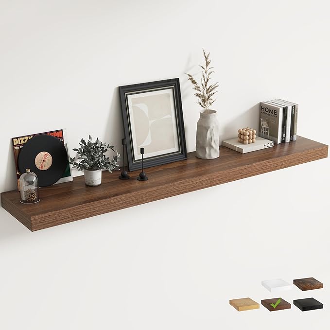 Marsmiles 12" Deep Floating Shelves for Wall with Invisible Brackets, Wall Mounted Engineered Wood Shelves with Wood Grain for Living Room, Bedroom, Kitchen Decor and Storage, 72" L Set of 1, Walnut