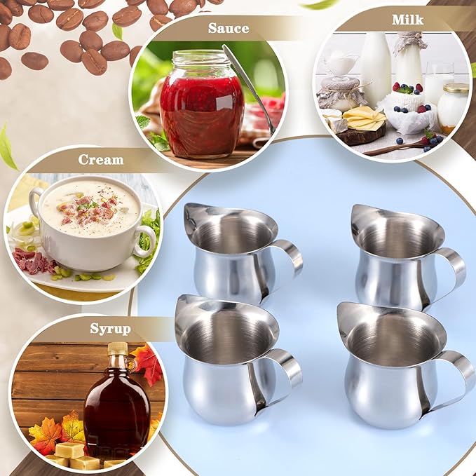 Honeydak 4 Pcs 3 oz Mini Milk Creamer Frothing Pitcher Dispenser Container with Handle, Small Stainless Steel Bell Creamer for Coffee Barista Cappuccin Jug Cups Restaurant Bakery Kitchen