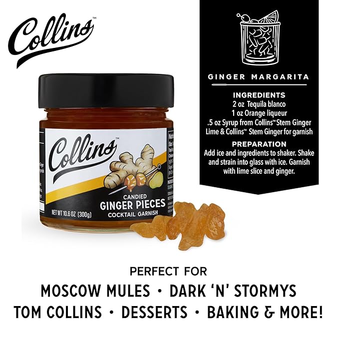 Collins Candied Ginger in Syrup for Cocktails, Gluten Free Skinny Cocktail Garnish for Whiskey, Rum, Martini, Mojito, Gin, Moscow Mule, Tea, Desserts, Baking, Home Bar, 10.6 oz, Set of 1