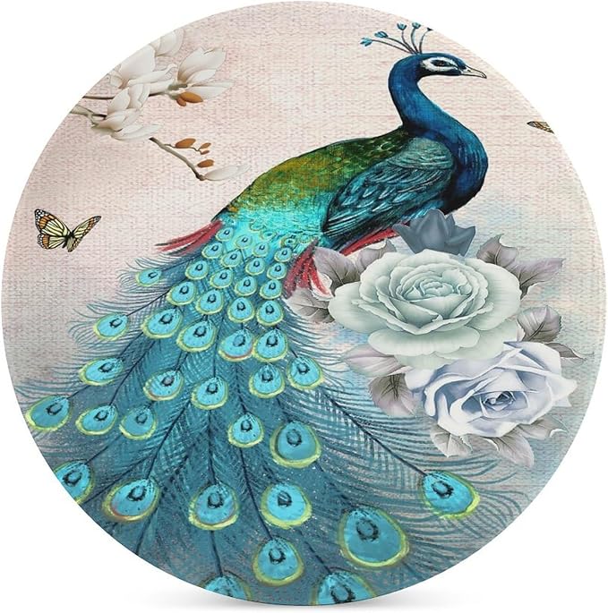 Round-4PCS Peacock Ceramic Coasters, Round Absorbent Drink Coasters, Vintage Tree Branch Beautiful Teal Peacock Floral Ceramic Table Coasters for Coffee, Beverage, Wine, Beer Coasters