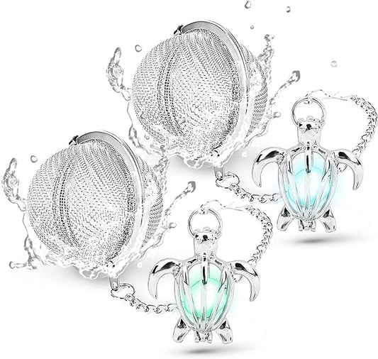 2pcs Tea Infuser TeaSanavie Loose Leaf Tea Steeper Stainless Steel Tea Ball Mesh Tea Strainer Silver Glow In The Dark Turtle Pendant Tea Filter with Extended Chain Hook for Brew Fine Loose Tea Leave