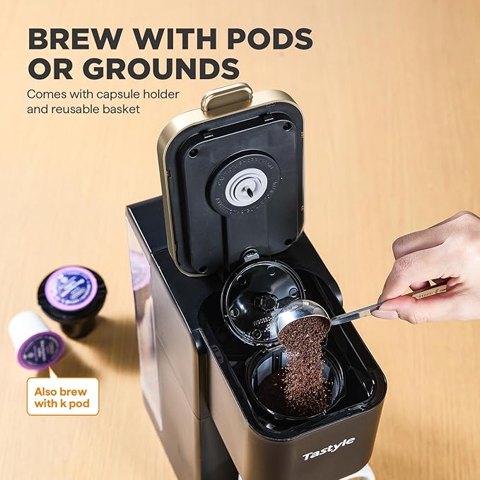 Tastyle Single Serve Coffee Maker, Iced and Hot Coffee Machine for K Cup & Grounds, Compact Design, 40oz Removable Water Reservoir, 6 to 24 Oz Brew Sizes, Fits 7.3" Travel Mug, Black+Gold