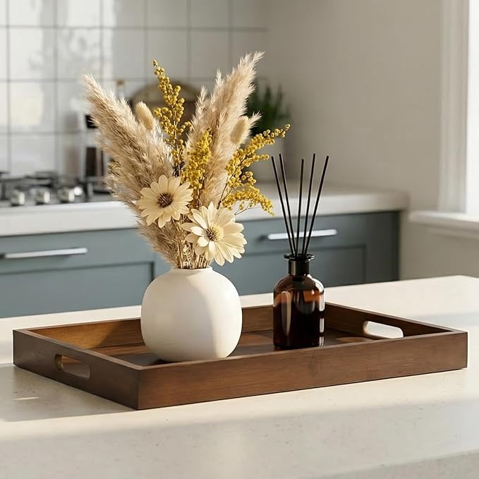 14.9''x10.2''x1.57'' Bamboo Wooden Tray with Handles, Rectangular Natural Solid Wood, Walnut Dark Brown Color Serving Tray.Suitable for Kitchen,Bedroom,Breakfast,Coffee,Decorative,Party Bars.