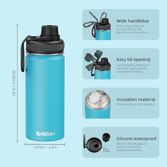 SASEUM Kids Sport Water Bottle 16oz Stainless Steel Double Wall Vacuum Thermal Mug with Leak Proof Spout Lids, Wide Mouth Metal Insulated Water Jug for Gym and Travel（Sky Blue）