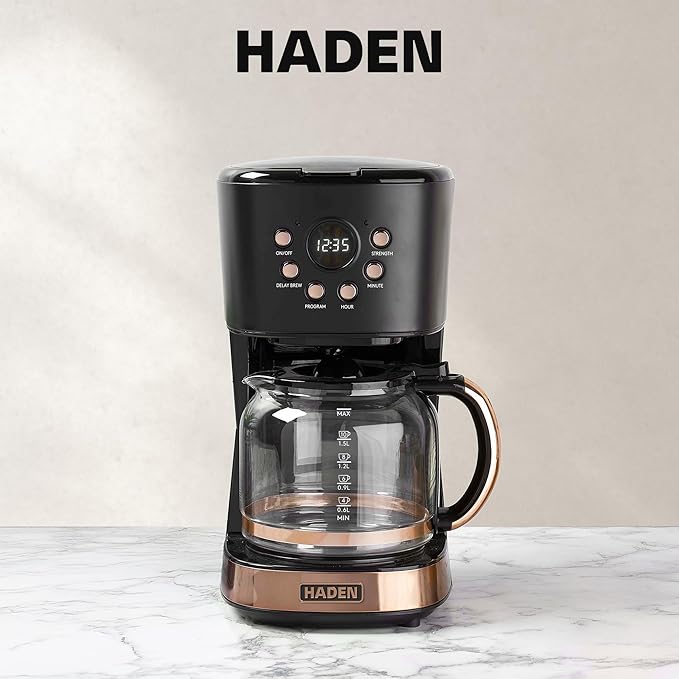 HADEN Coffee Machine, 12 Cup Programmable Drip Coffee Maker with Auto Shut-Off Function and Reusable Washable Water Filter, Black & Copper