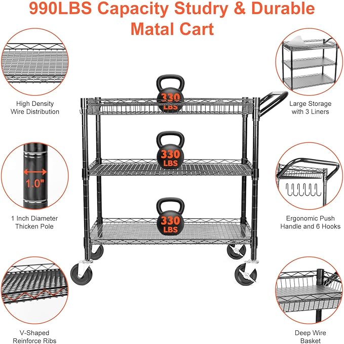 Heavy Duty Utility Cart, 990Lbs Capacity 3 Tier Rolling Carts with Wheels, Kitchen Cart on Wheels with Storage, Commercial Grade Metal Serving Carts with Wire Shelving &Handle Bar, Black