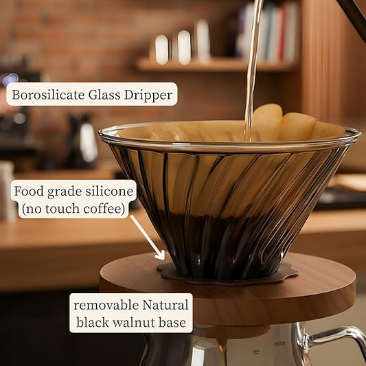 Glass Pour Over Coffee Dripper with Walnut Base, V60 Style Manual Drip Coffee Maker, 1–4 Cups Coffee Brewer for Home or Office