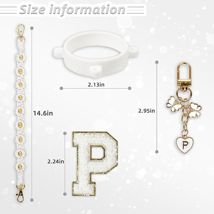 Compatible with Owala Water Bottle Accessories, Cute Letter Charm Set with Boho Handle Strap, Monogram Sticker, Silicone Ring, Keychain Decoration, for FreeSip 24 32 40oz, Owala Kids, Tumbler Gift