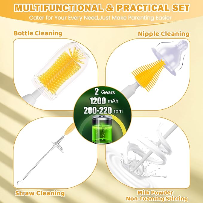 IvyWind Electric Travel Baby Bottle Brush Set with Storage Box, Automatic Bottle Cleaner Brush Kit with Silicone Bottle/Nipple/Straw Brush,Milk Frother Electric and Drainage Rack, Rechargeable, Yellow