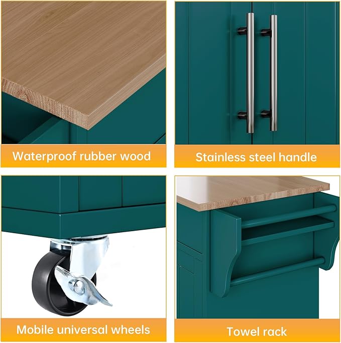 Kitchen Storage Island, Wooden Rolling Kitchen Island On Wheels with Countertop, Mobile Kitchen Island Cart with Towel Rack, Spice Rack and Drawers, Green