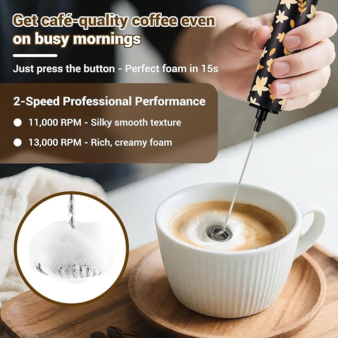 Milk Frother Handheld Rechargeable - 2-Speed Electric Whisk with 5 Detachable Heads (Frother/Mixer/Whisk) for Coffee, Latte, Cappuccino & Matcha, Drink Mixer (Flower 13)