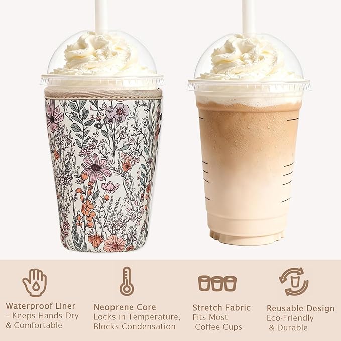 Reusable Insulated Neoprene Iced Coffee Cup Sleeve, Durable Drink Sleeve for Cold Beverages, Beverage Holder for Iced Coffee, Bloom Magic