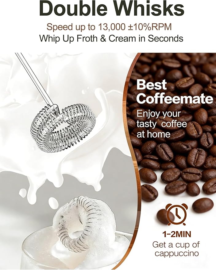 Milk Frother Handheld, Rechargeable Coffee Frother Wand with Detachable Double Whisk, IP67 Waterproof Hand Frother, 3 Grade Speed Fast Foaming for Matcha, Lattes, Cappuccino, Ideal for Coffee Lovers