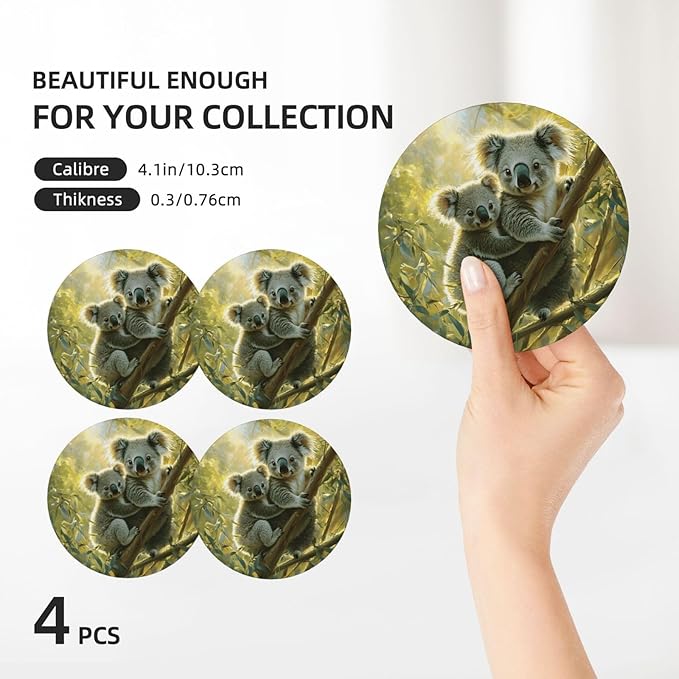 Koala Leaves Pattern Coasters for Drinks Absorbent Round Ceramic Coasters Set of 4 Non-Slip Cup Coaster with Cork Base for Coffee Table Drink Home Decor Tabletop Protection