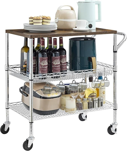 Rolling Kitchen Carts on Wheels With Storage,650Lbs Heavy Duty Metal Cart with Wheels,3 Tier Rolling Cart with Wooden Top,NSF Utility Cart with Handle for Food Cart Serving Carts,30.3"L*31.9"H*18.1"W