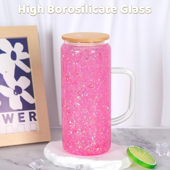 20 Oz Snow Globe Glass Cup With Handle, 6 Pack Pre-Drilled Double Wall Glass Coffee Mug For Snowglobe Diy Glitter, Double Wall Snow Globe Tumbler with Bamboo Lid