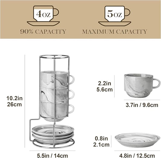 MALACASA 4 OZ Porcelain Espresso Cups with Saucers and Metal Stand Set of 4, Stackable Cappuccino Cups, Marble Gray Expresso Shots Cup Set for Coffee Drinks, Latte, Tea