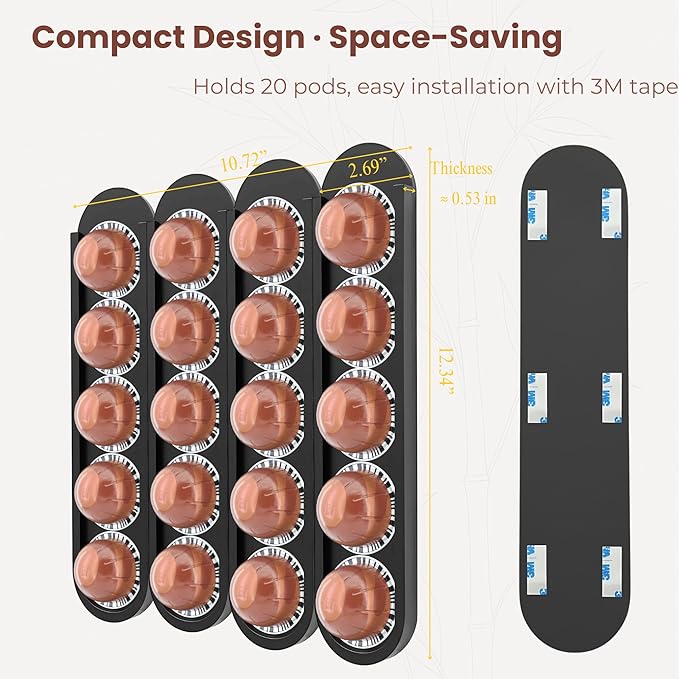 Bamboo Coffee Pod Holder, Adhesive Wall Mount (No Drilling) for Inside Cabinet Door, 20-Capsule Storage (Set of 4), Vertical & Horizontal, Compatible with Nespresso Vertuo Line-Black