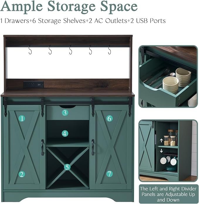 Wnutrees Farmhouse Coffee Bar Cabinet with Charging Station and USB Ports,Sliding Barn Door,39" Kitchen Hutch Sideboard Buffet Storage Cabinet,Fits Kitchen Dining Living Room, Green