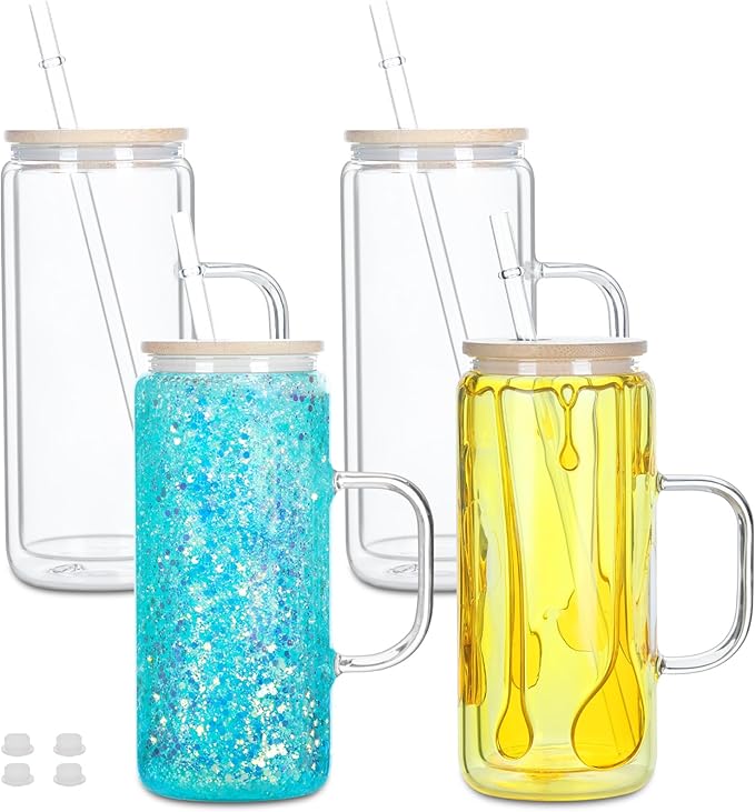 20 Oz Glass Snow Globe Tumbler with Handle, 4 Pack Pre-Drilled Double Wall Snowglobe Cup Coffee Mug for DIY Glitter Snow Globe, Outside 20 Oz Inside 16 Oz