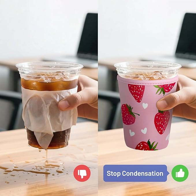 Iced Coffee Sleeve Reusable Cup Sleeves for Cold Drinks Neoprene Koozie Cozy Plastic Cup Covers for Drinks, Strawberry