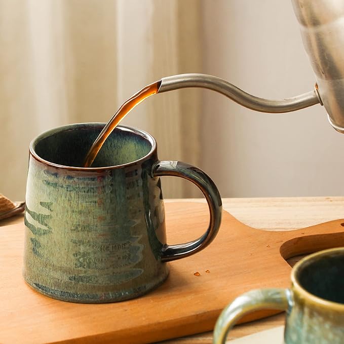 Large Ceramic Coffee Mug, Handmade Pottery Mugs, Tea Cups with Big Handle for Office and Home, 15.5 oz, Dishwasher and Microwave Safe (Blue Green)