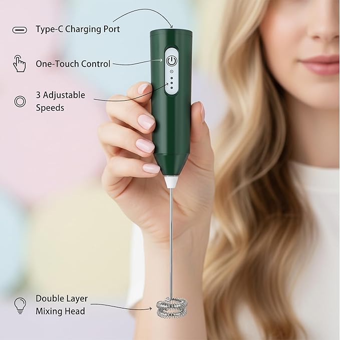 Puraville Rechargeable Milk Frother Handheld, 3 Speeds Electric Whisk Drink Mixer, Type-C Charging BPA Free for Coffee, Latte, Cappuccino, Egg,Cream, Dark Green
