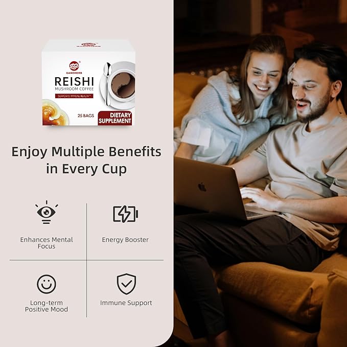 GANOHERB Reishi Mushroom Coffee Mix, Organic Instant Ganoderma Cafe with 100% Natural Ganoderma Lucidum Lingzhi Black Coffee for Stress Relief Better Focus Immune Support, Mix Flavor No Sugar 25 Bag
