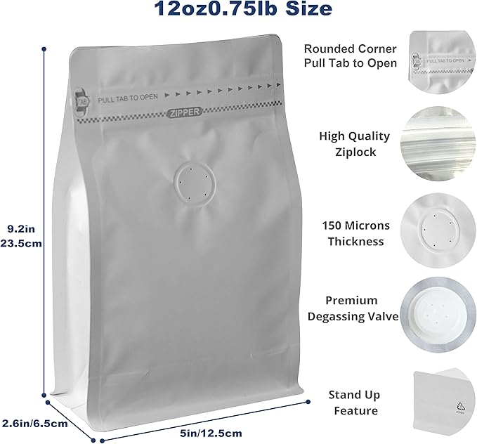 100 Count 12 Ounces White Kraft Paper Coffee Bags - High Barrier Aluminium Foil Liner - Flat Bottom Coffee Pouches with Degassing Valve, Food Storage Bags with Rsealable Zipper & Easy Open Tape (100pcs, 12oz/0.75lb)