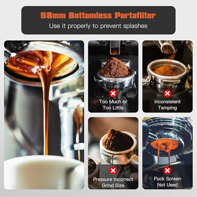 Upgraded 58mm Bottomless Portafilter with 3 Ears, Espresso Portafilter with Filter Basket and Puck Screen, Fit for CAS-ABREWS 5700 Series, for Café Bellissimo Semi Automatic