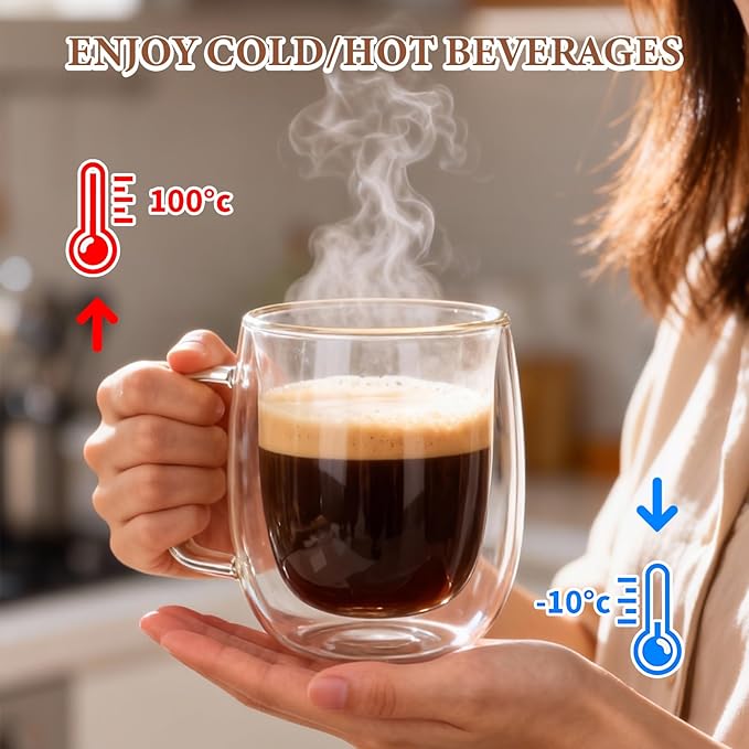 Glass Coffee Cups, Double Walled Glass Coffee Mugs 14oz, Insulated Clear Coffee Mug for Espresso Cappuccino Latte Tea Hot Iced Beverage, Expresso Cups coffee mugs set of 4 glass