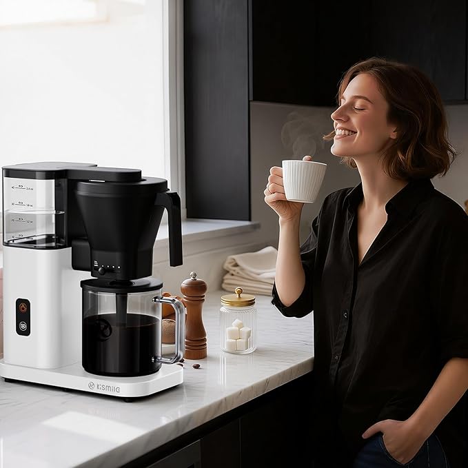 Kismile 8-Cup Drip Coffee Maker,Rapid Heating System for Seconds Brewing,Automatic Pour Over Coffee Machine,Detachable Water Tank,Deep Cold Brew & Keep Warm 40 Min, Easy to Clean (White)