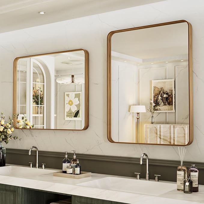 LOAAO 32X36 Inch Bathroom Mirror with Wood Grain Colored Metal Frame, Rounded Rectangle Metal Framed Bathroom Mirror, Anti-Rust, Hangs Horizontally or Vertically, Tempered Glass
