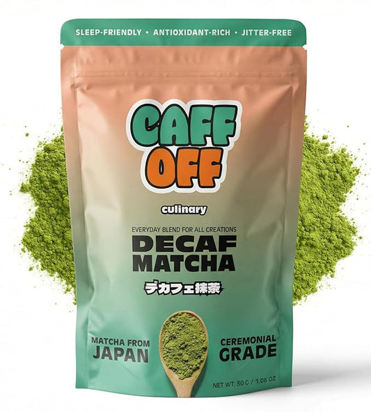 Caff Off Decaf Matcha Green Tea Powder From Japan - 1.06 oz / 30 g - Culinary Grade - Naturally Decaffeinated Using No Chemicals - Tested For Heavy Metals & Pestacides - First Harvest & Shade Grown Caffeine Free Matcha Powder