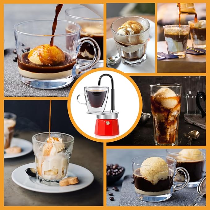 MVPLUE-Mini Express Swiss Single Tube Moka Pot Aluminum Red，Moka Set includes One Double Wall 3oz Cup,Enjoy delicious coffee in no time