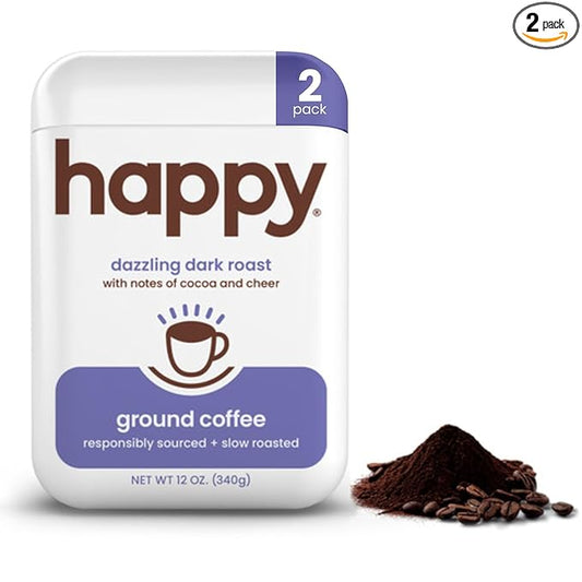 happy coffee dark roast ground coffee, 12 oz 2 pack., notes of cocoa & cheer, recyclable container, grown & harvested in Brazil, Rwanda & Colombia