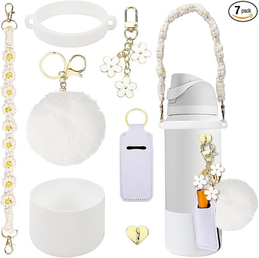 Compatible for Owala Accessories Bundle: Silicone Boot for 24oz & 32oz Bottles, Charms, Handle, Strap, Rubber Bottoms, and Decorative Add-ons for Your Compatible for Owala Water Bottle, White