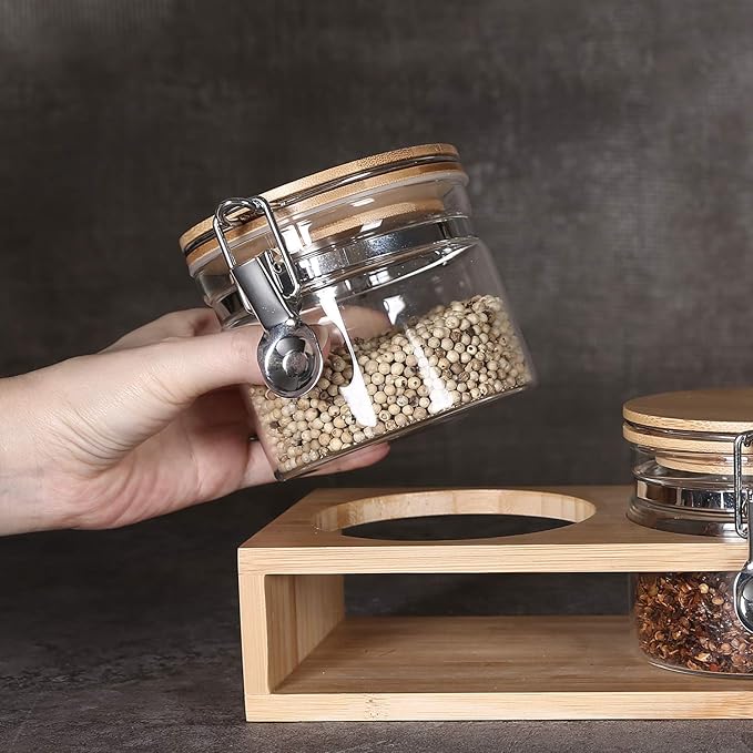 Glass Coffee Canister Set of 3 with Spoons & Airtight Bamboo Lids, 15oz - Modern Coffee Bar Accessories for Ground Coffee & Sugar, Ideal Coffee Station Organizer Jars for Countertop