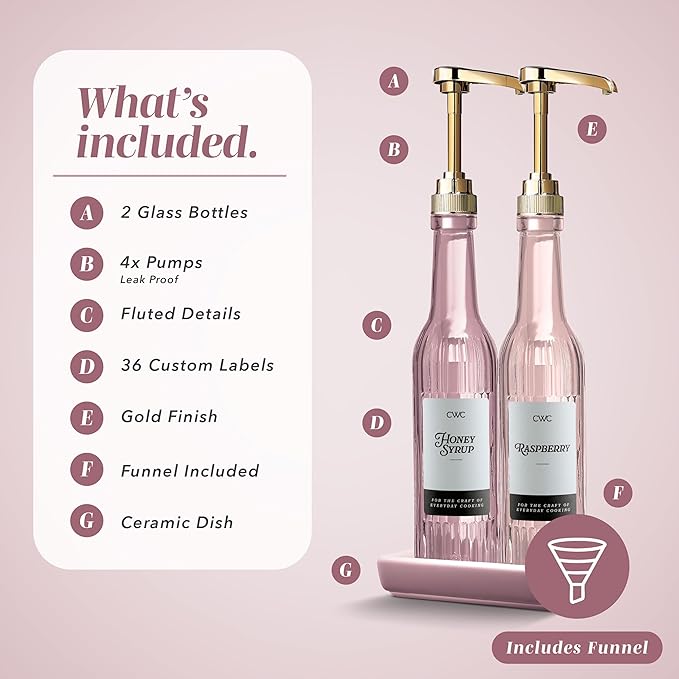 COOK WITH COLOR Glass Coffee Syrup Dispenser with Pump- Set of 2 Syrup Bottles for Coffee Bar, Decorative 350 ML Bottle with Ceramic Holder, Funnel, Labels and Extra Pumps, Textured Pink