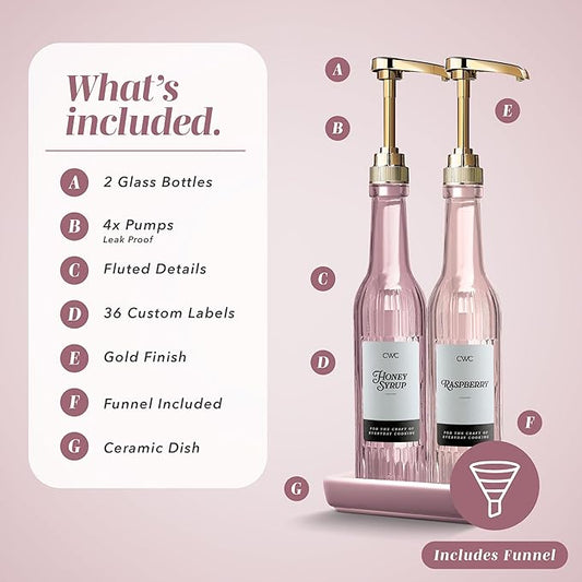 COOK WITH COLOR Glass Coffee Syrup Dispenser with Pump- Set of 2 Syrup Bottles for Coffee Bar, Decorative 350 ML Bottle with Ceramic Holder, Funnel, Labels and Extra Pumps, Textured Pink