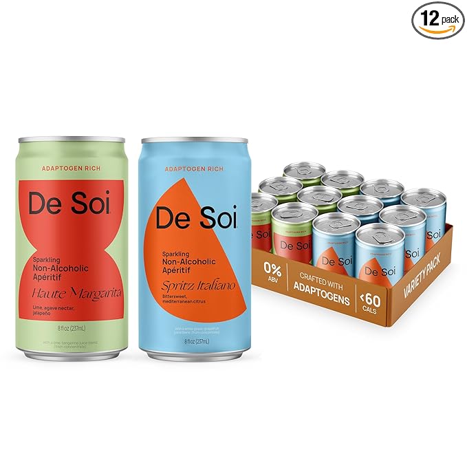 De Soi Haute Spritz Set Mocktails NA Drinks 12 pack - Adaptogen Drink, Sparkling Drink with Calming Botanicals, Mocktail Drinks, Gluten Free, No Artificial Flavors - Haute Margarita + Spritz Italiano)