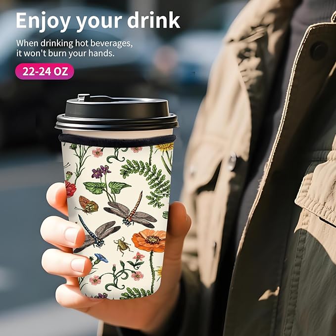 Reusable Neoprene Insulator Sleeve for Iced Coffee Cups, Medium 22-28oz Durable Drink Sleeve for Cold Beverages, Cute Beverage Holder Cup Sleeve for Women Men Boho Dragonfly