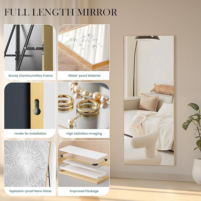 NEWBULIG Full Length Mirror, Upgraded Body Wall Mirrors with Shatter-Proof Glass, Floor Standing Mirror, Home Wall Decor
