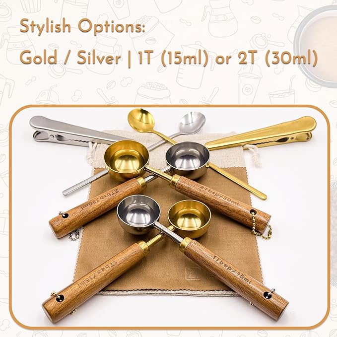 Gold Coffee Scoop with Wooden Handle, 2 Tablespoon / 30 ml, 304 Stainless Steel Measuring Spoon for Ground Coffee, Espresso, Tea, Protein Powder, Spices (6 Pack Set)