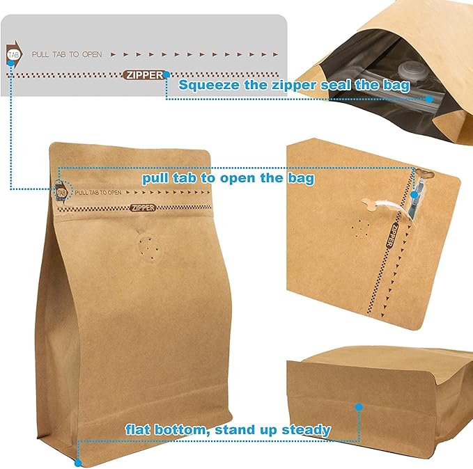 Natural Kraft Coffee Pouches, Resealable Coffee Bag with Valve, Flat Bottom Pull Tab Zipper (500pcs, 12oz, 0.75lb,340g)